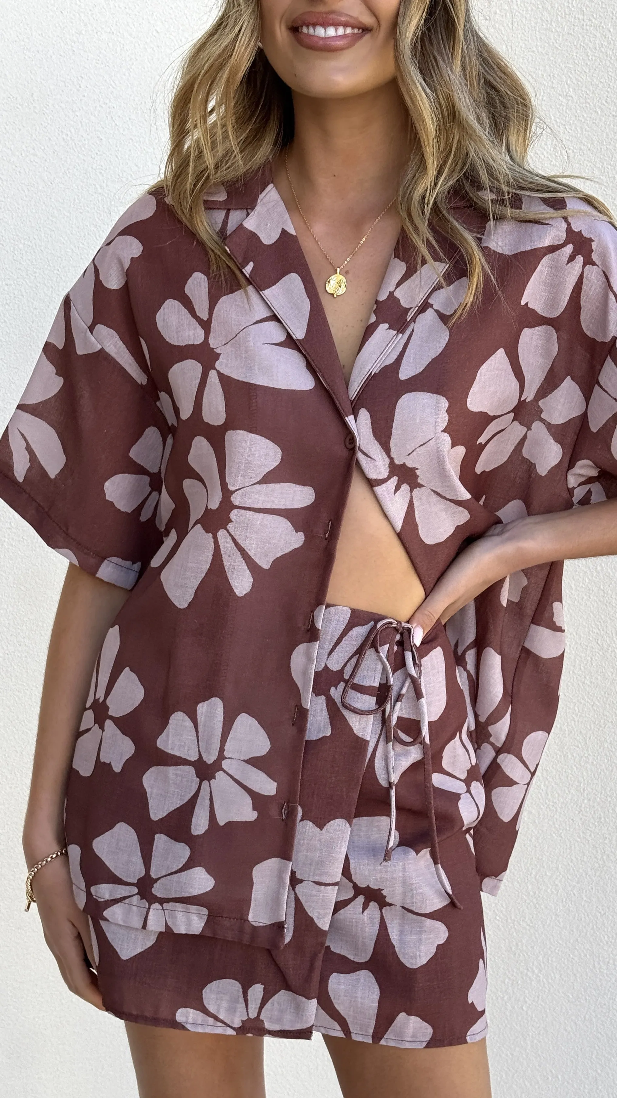 Abilene Button Up Shirt - Brown Daylillies