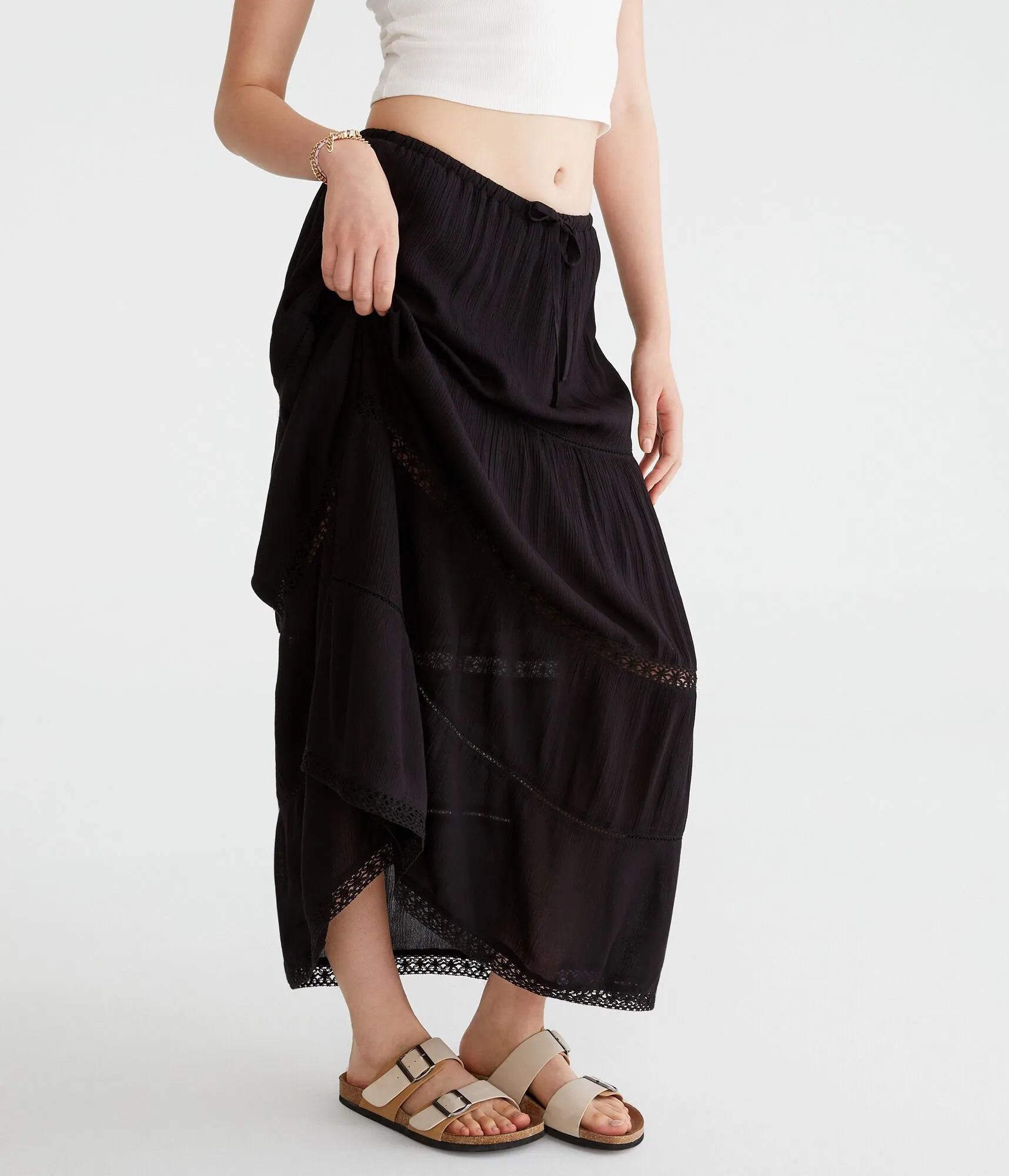Aeropostale Crinkle Lace-Trim Maxi Skirt