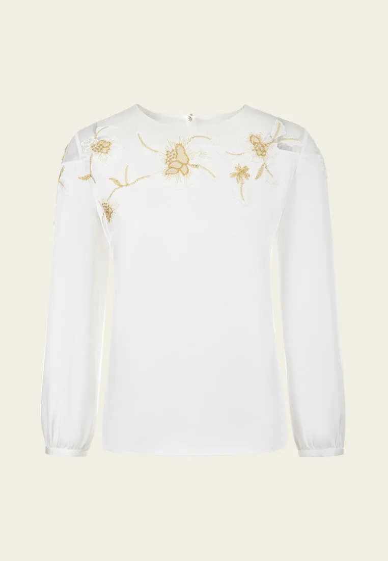 Appliqu Patchwork Puff-sleeve Top