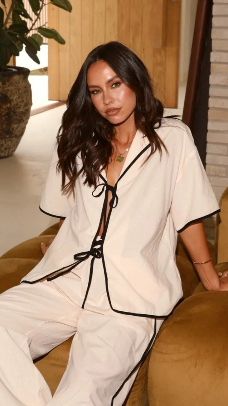 Basima Tie Shirt - Beige / Black