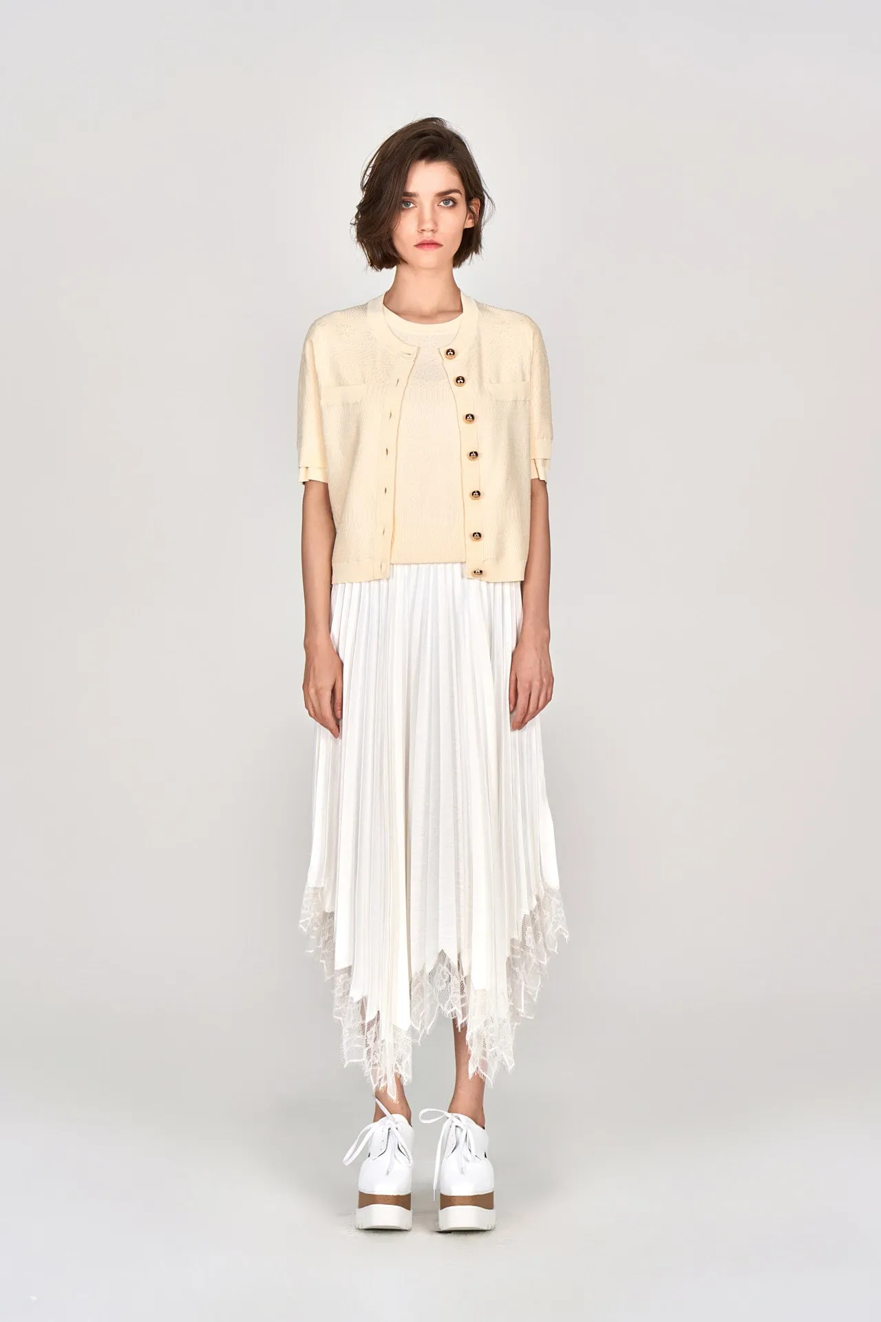 Beige Short Sleeves Cardigan with Gold Buttons