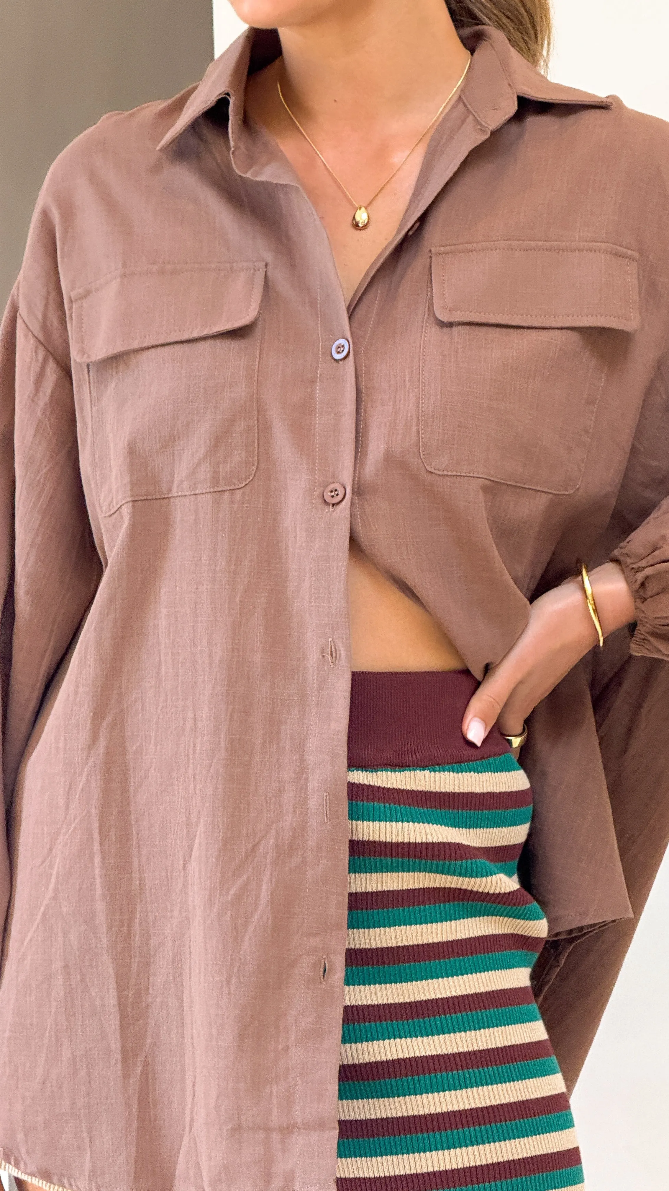 Bianca Oversized Button Up Shirt - Brown