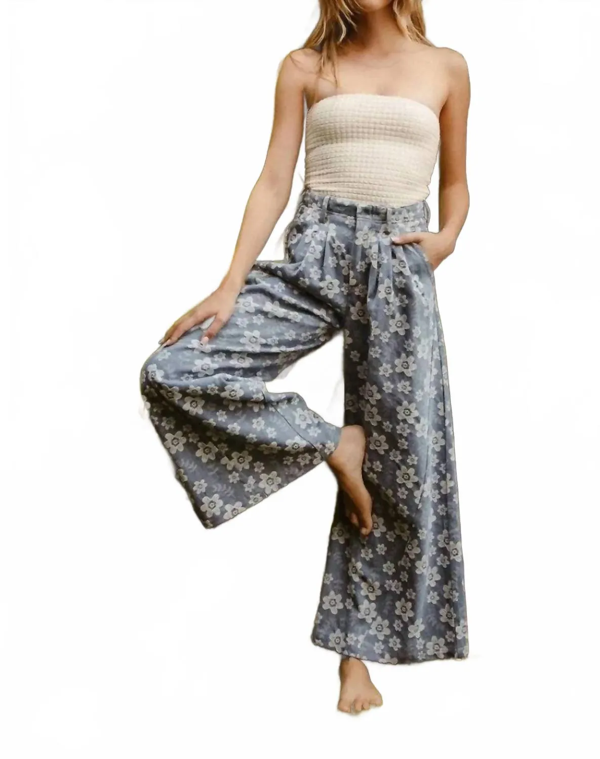 Bibi Floral Texture Wide Leg Jeans In Denim