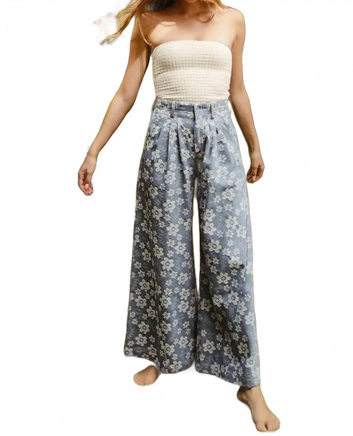 Bibi Floral Texture Wide Leg Jeans In Denim