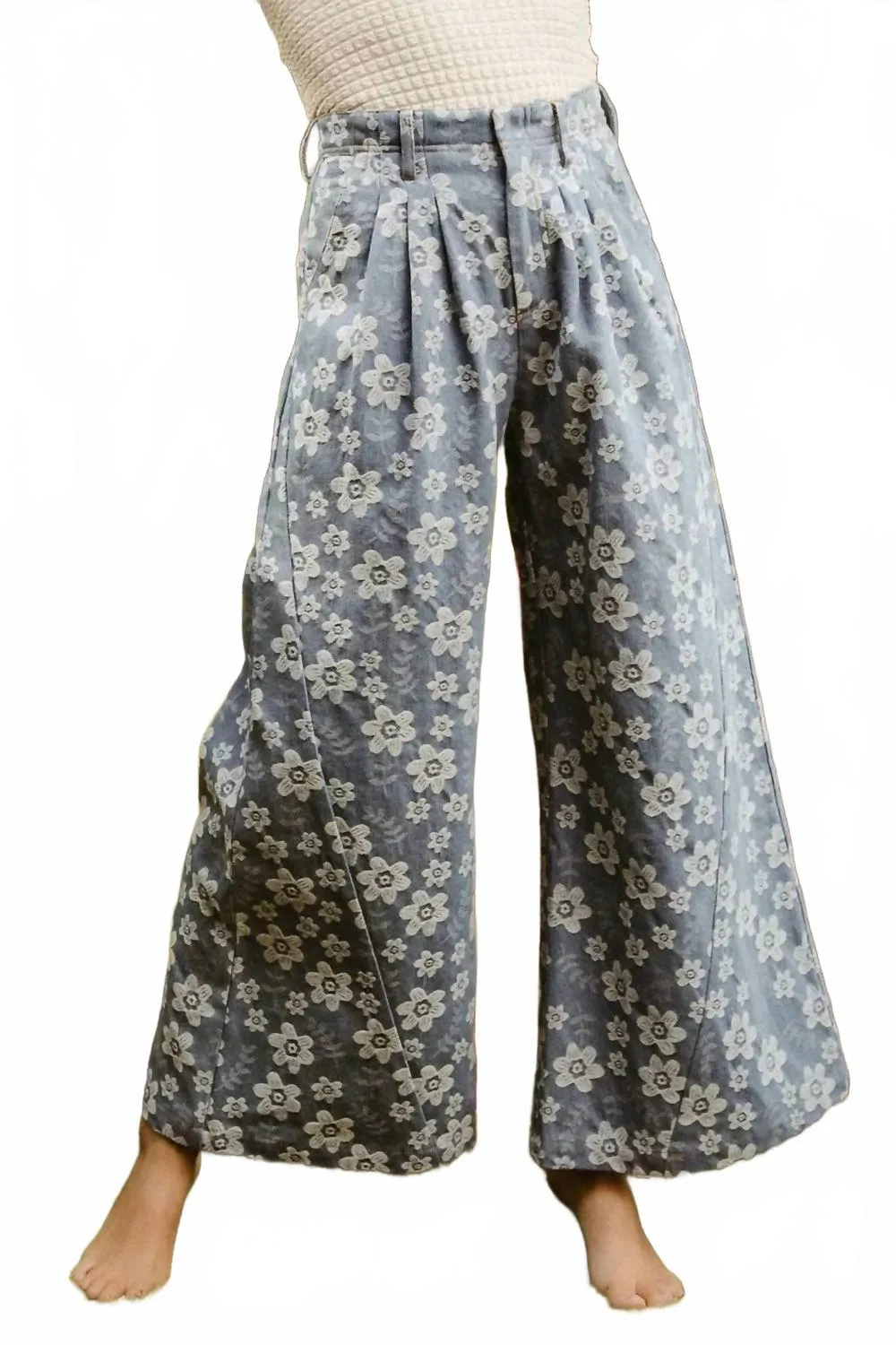 Bibi Floral Texture Wide Leg Jeans In Denim