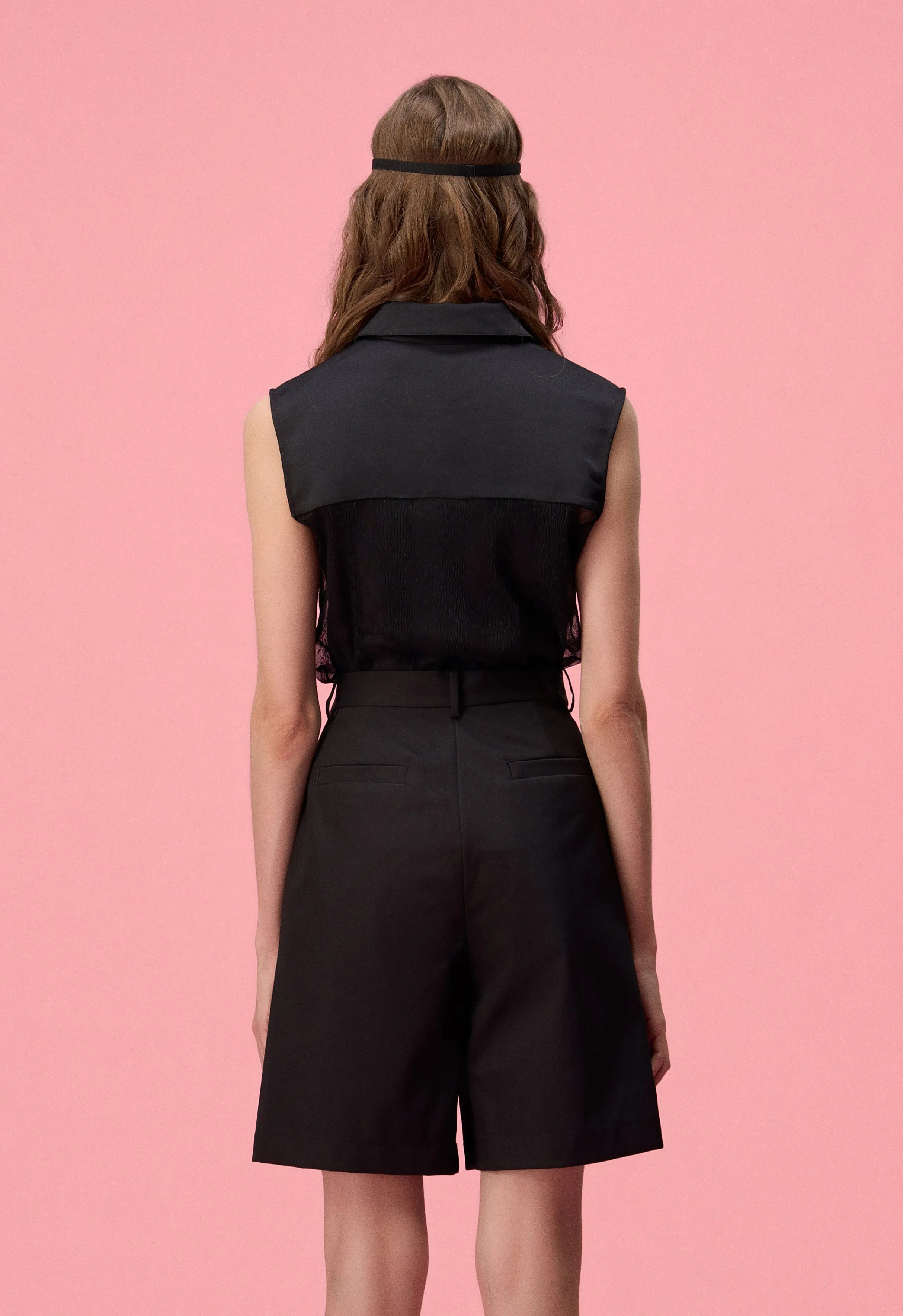 Black Satin Lace Detail Sleeveless Top