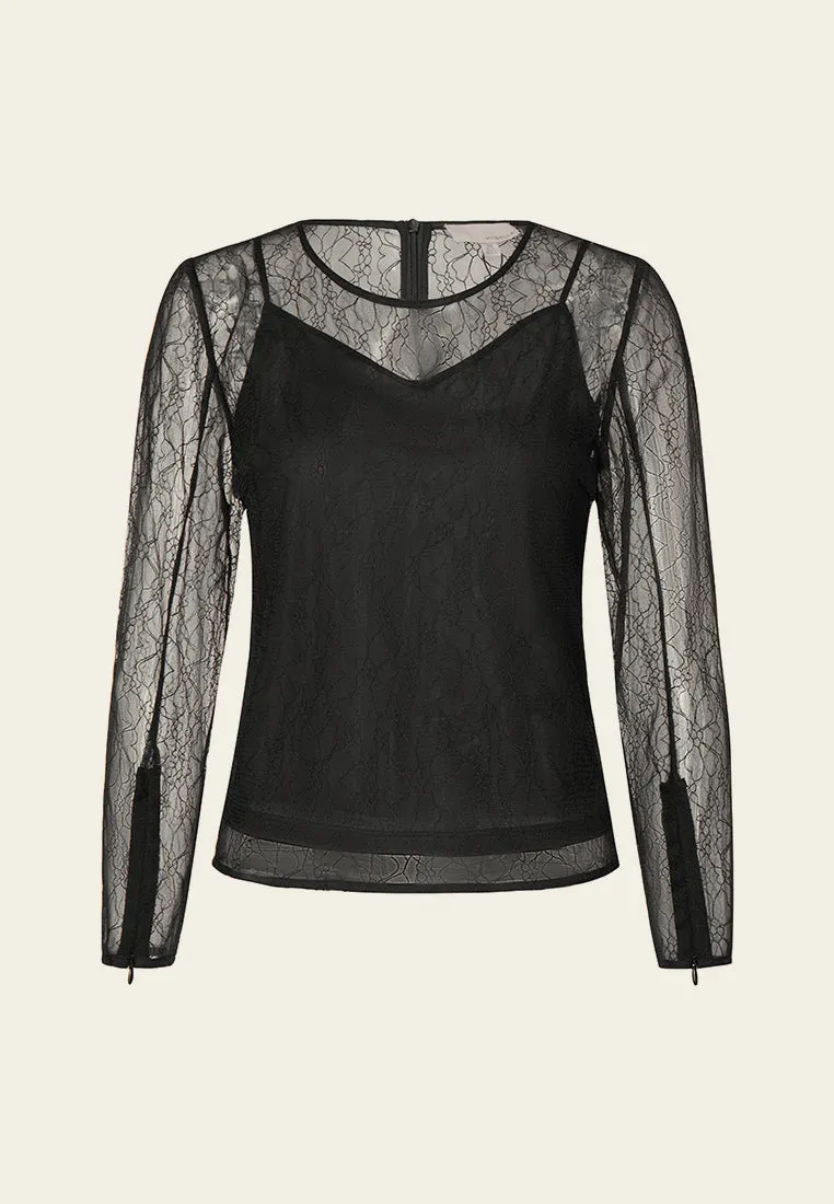 Black Sheer Lace Long-sleeved Top