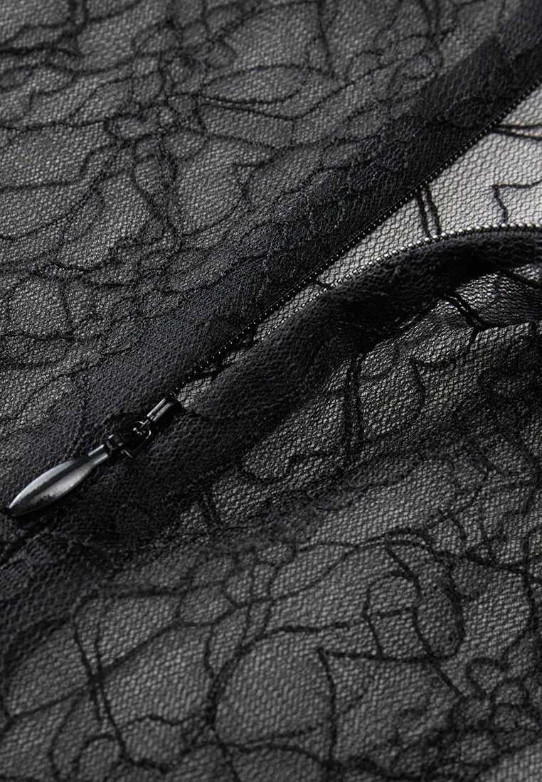 Black Sheer Lace Long-sleeved Top