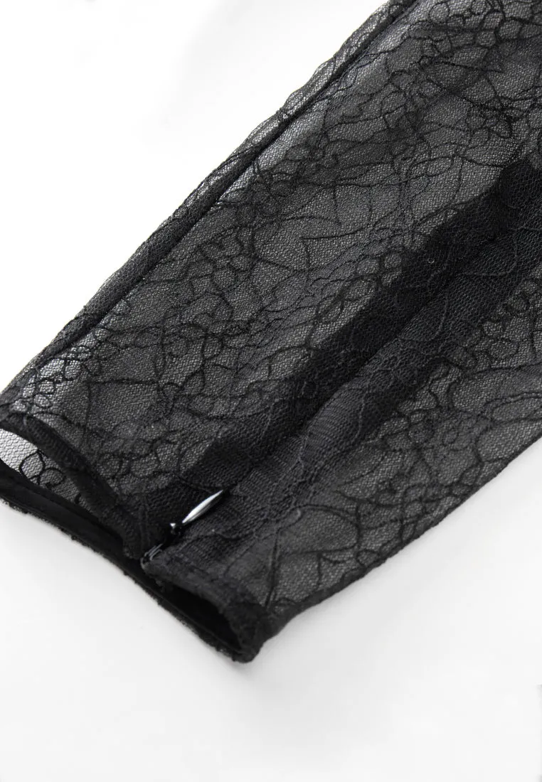 Black Sheer Lace Long-sleeved Top