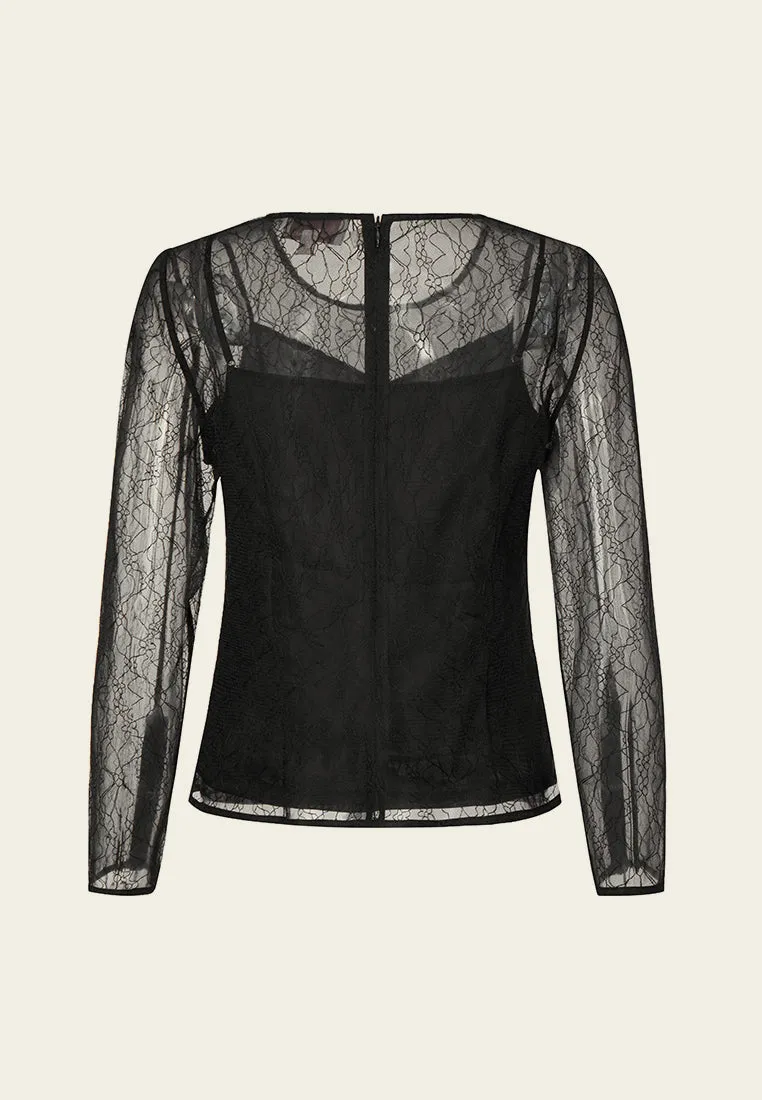 Black Sheer Lace Long-sleeved Top