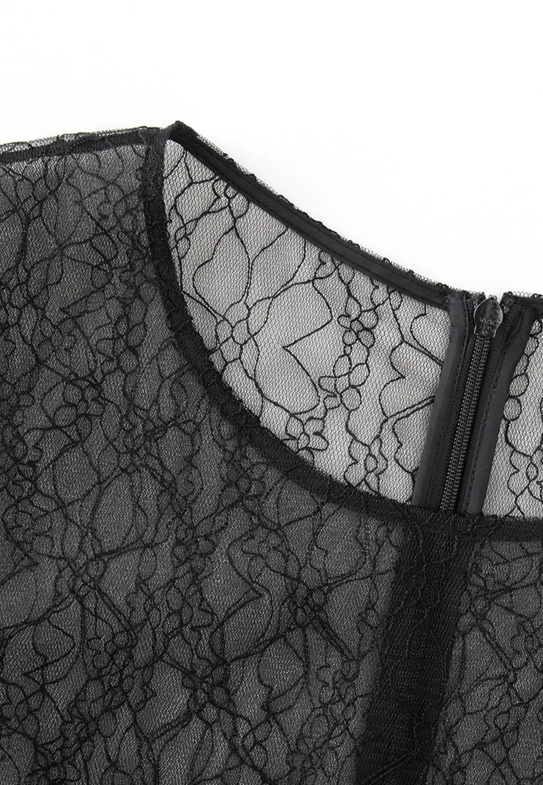 Black Sheer Lace Long-sleeved Top