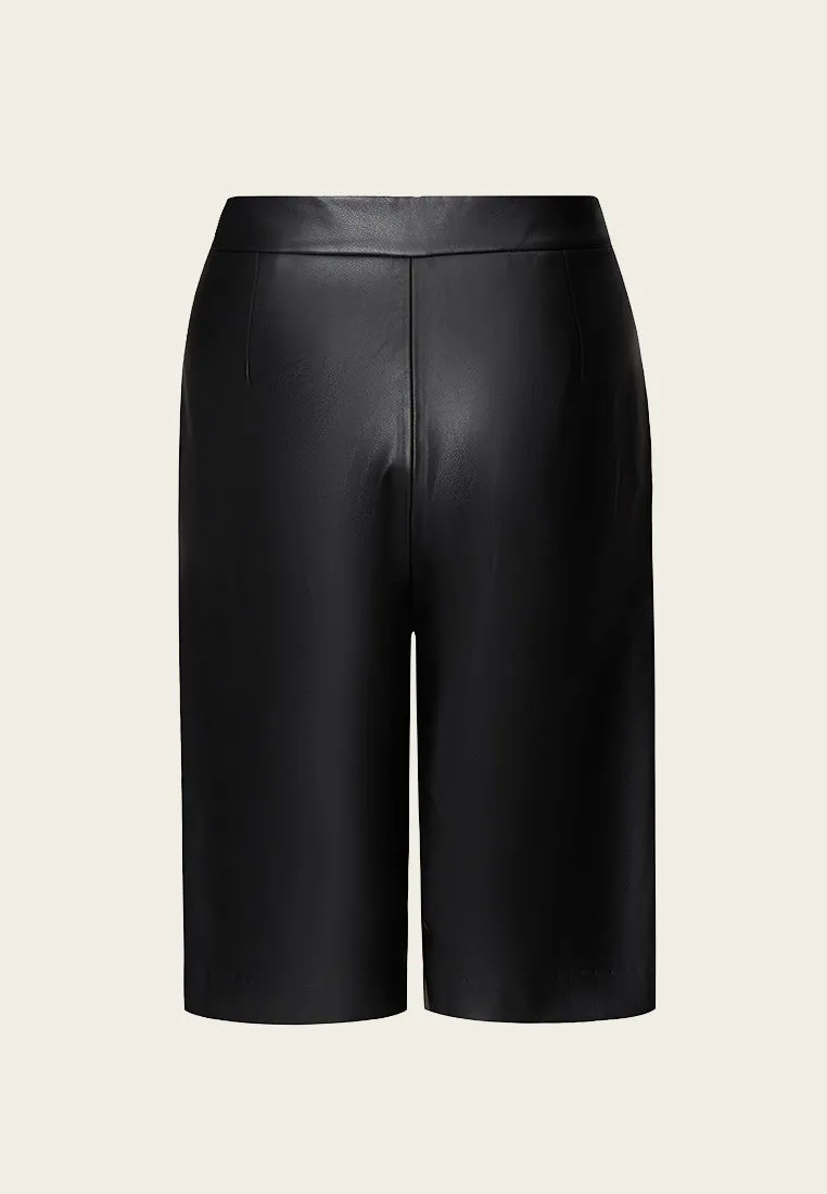 Black Vegan Leather Knee Length Shorts