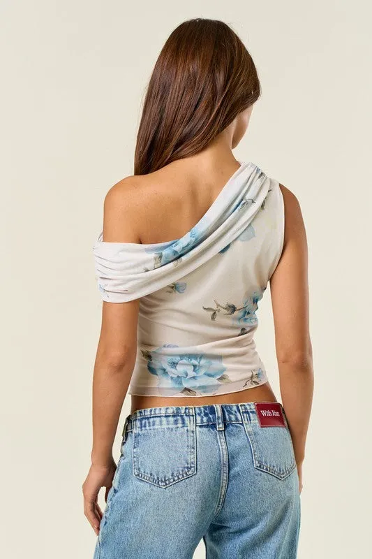 Blue Blossom Mesh Drape Top