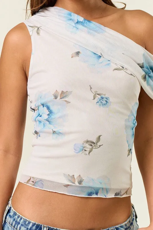 Blue Blossom Mesh Drape Top