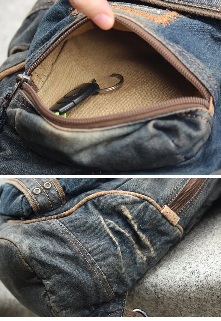 Blue Jean Mens Large Sling Bag Chest Bag Vintage Denim One Shoulder Backpacks For Men