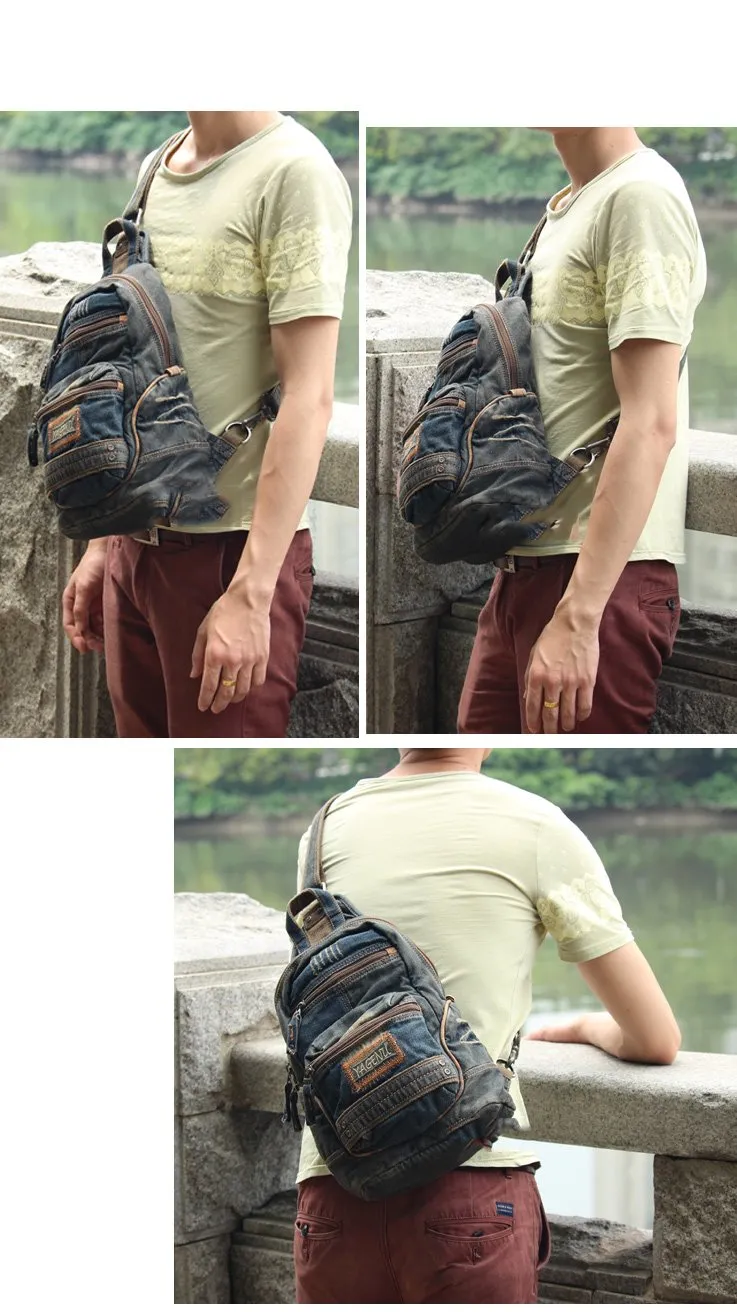 Blue Jean Mens Large Sling Bag Chest Bag Vintage Denim One Shoulder Backpacks For Men