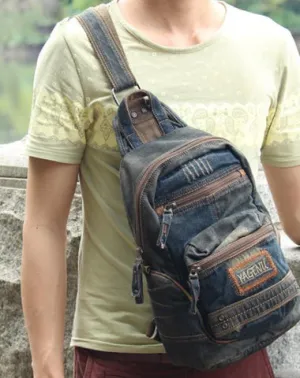 Blue Jean Mens Large Sling Bag Chest Bag Vintage Denim One Shoulder Backpacks For Men