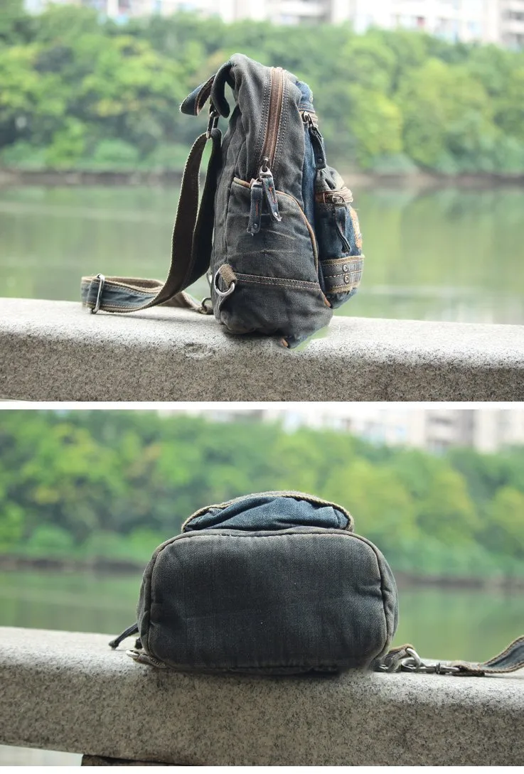 Blue Jean Mens Large Sling Bag Chest Bag Vintage Denim One Shoulder Backpacks For Men