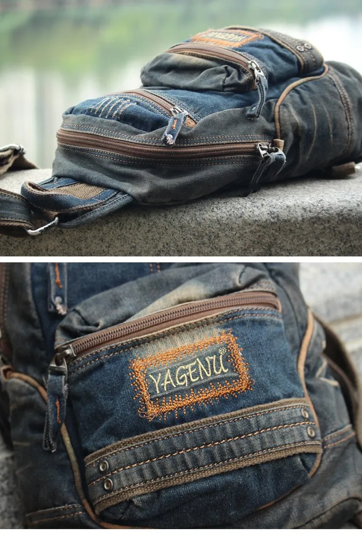 Blue Jean Mens Large Sling Bag Chest Bag Vintage Denim One Shoulder Backpacks For Men
