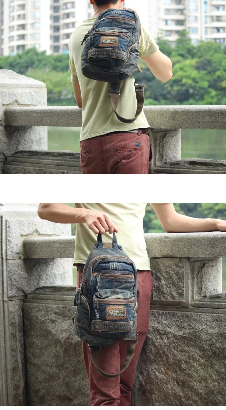 Blue Jean Mens Large Sling Bag Chest Bag Vintage Denim One Shoulder Backpacks For Men
