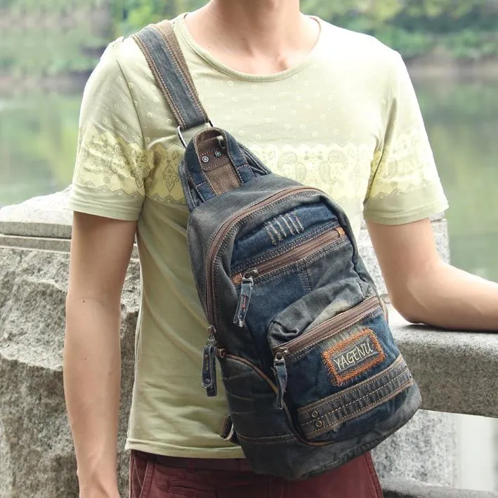 Blue Jean Mens Large Sling Bag Chest Bag Vintage Denim One Shoulder Backpacks For Men
