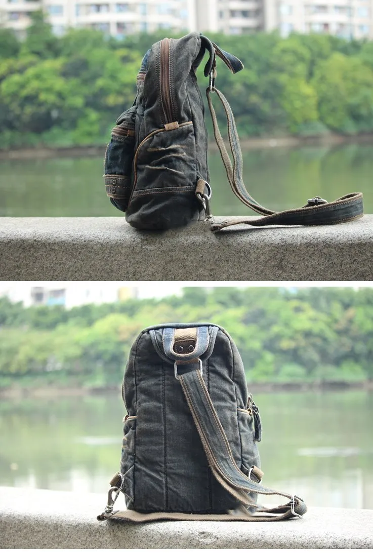 Blue Jean Mens Large Sling Bag Chest Bag Vintage Denim One Shoulder Backpacks For Men