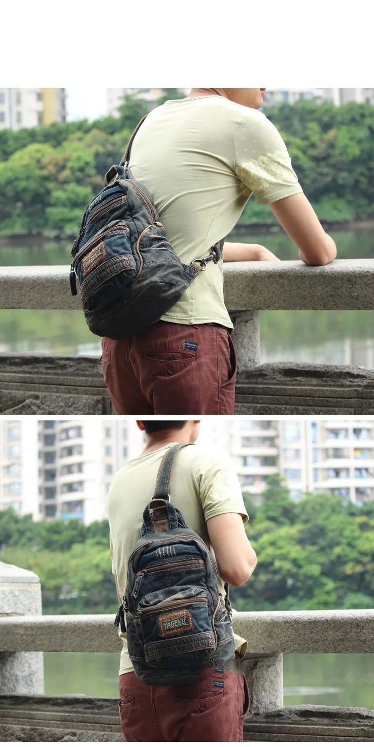 Blue Jean Mens Large Sling Bag Chest Bag Vintage Denim One Shoulder Backpacks For Men