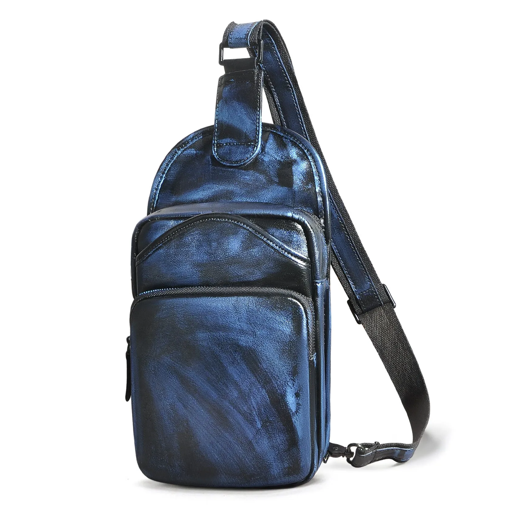 Blue Leather Chest Bag For Men Cool Leather Sling Bag Mens Sling Crossbody Backpack