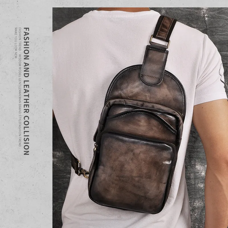 Blue Leather Chest Bag For Men Cool Leather Sling Bag Mens Sling Crossbody Backpack