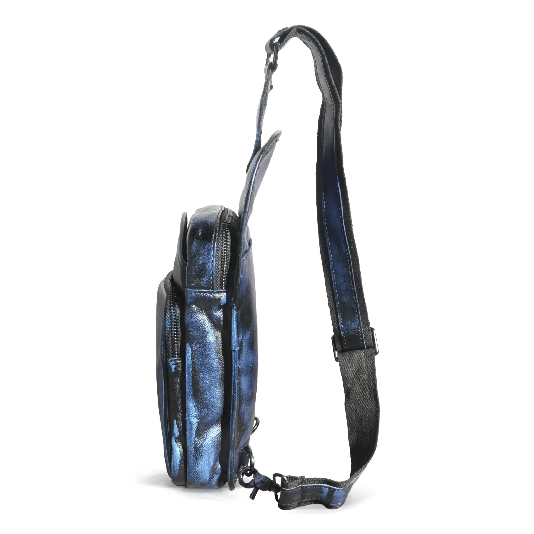 Blue Leather Chest Bag For Men Cool Leather Sling Bag Mens Sling Crossbody Backpack