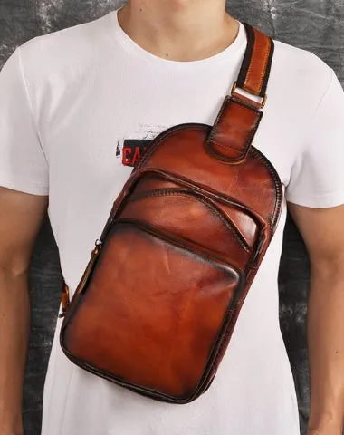 Blue Leather Chest Bag For Men Cool Leather Sling Bag Mens Sling Crossbody Backpack