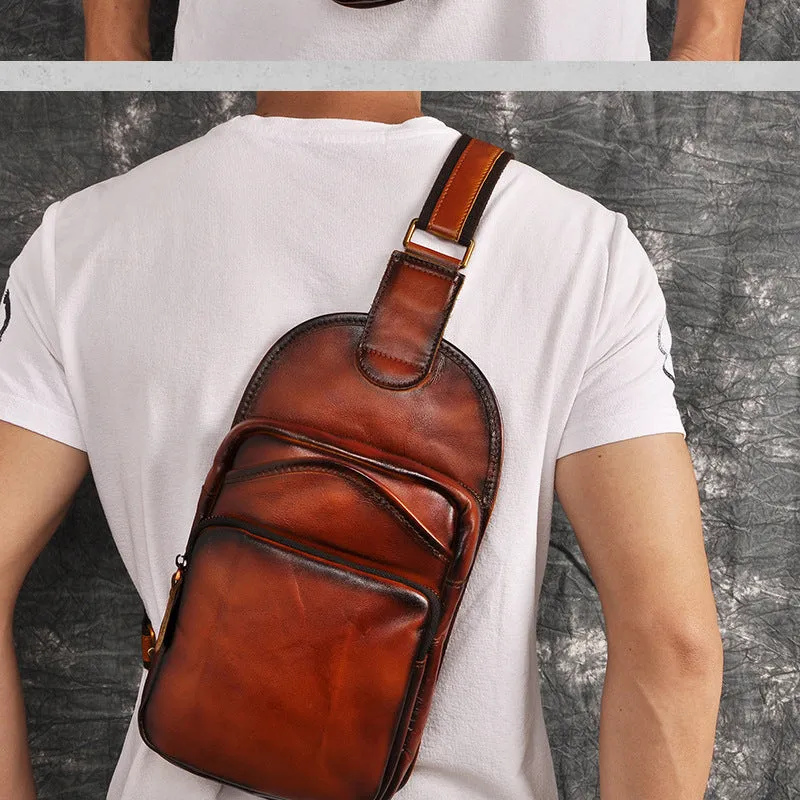 Blue Leather Chest Bag For Men Cool Leather Sling Bag Mens Sling Crossbody Backpack