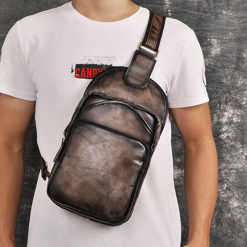 Blue Leather Chest Bag For Men Cool Leather Sling Bag Mens Sling Crossbody Backpack