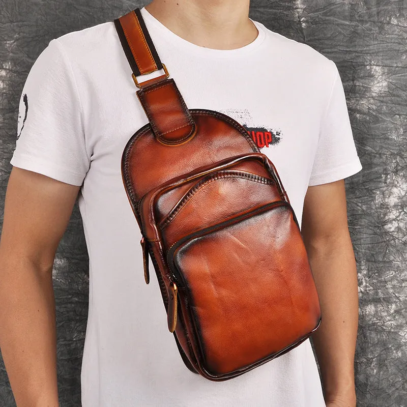 Blue Leather Chest Bag For Men Cool Leather Sling Bag Mens Sling Crossbody Backpack