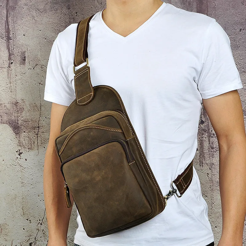 Blue Leather Chest Bag For Men Cool Leather Sling Bag Mens Sling Crossbody Backpack