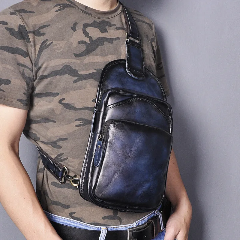 Blue Leather Chest Bag For Men Cool Leather Sling Bag Mens Sling Crossbody Backpack