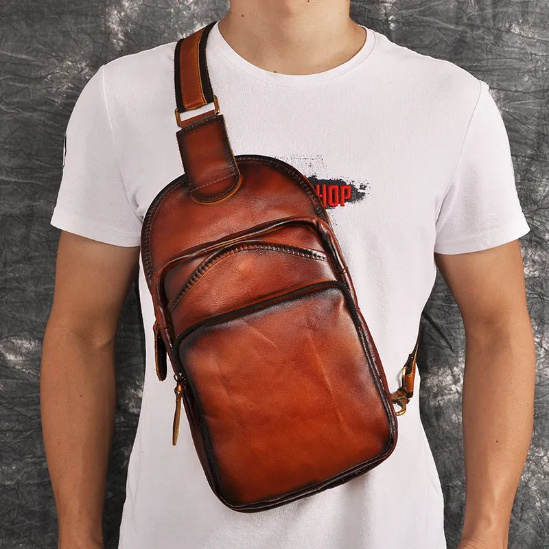 Blue Leather Chest Bag For Men Cool Leather Sling Bag Mens Sling Crossbody Backpack