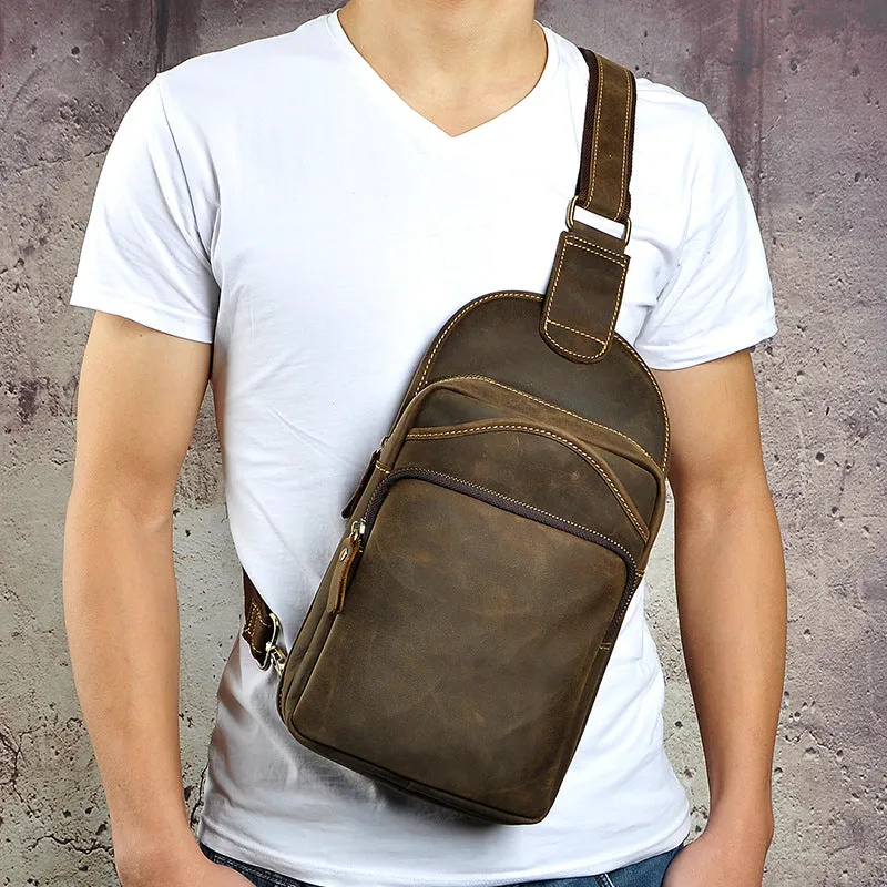 Blue Leather Chest Bag For Men Cool Leather Sling Bag Mens Sling Crossbody Backpack