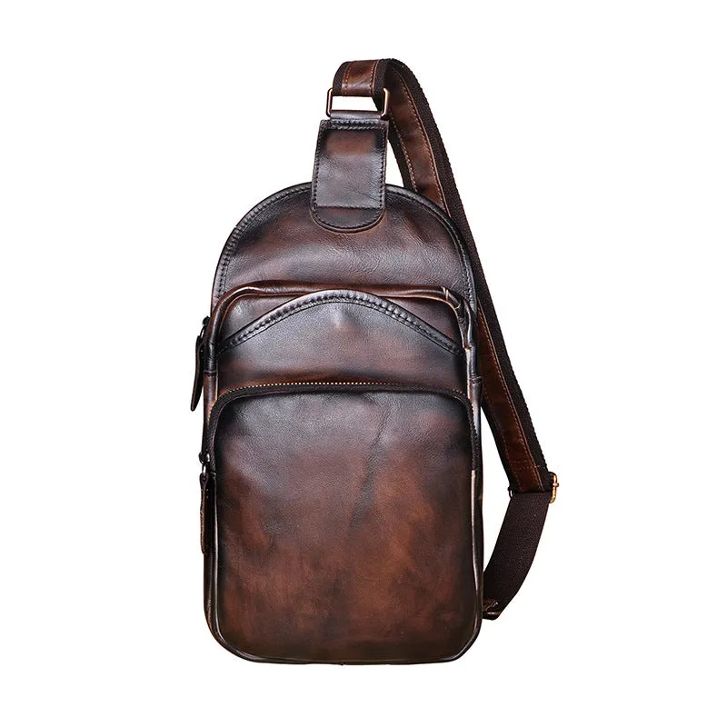 Blue Leather Chest Bag For Men Cool Leather Sling Bag Mens Sling Crossbody Backpack