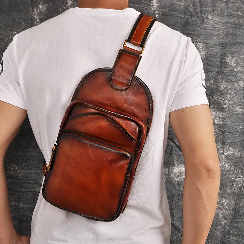 Blue Leather Chest Bag For Men Cool Leather Sling Bag Mens Sling Crossbody Backpack