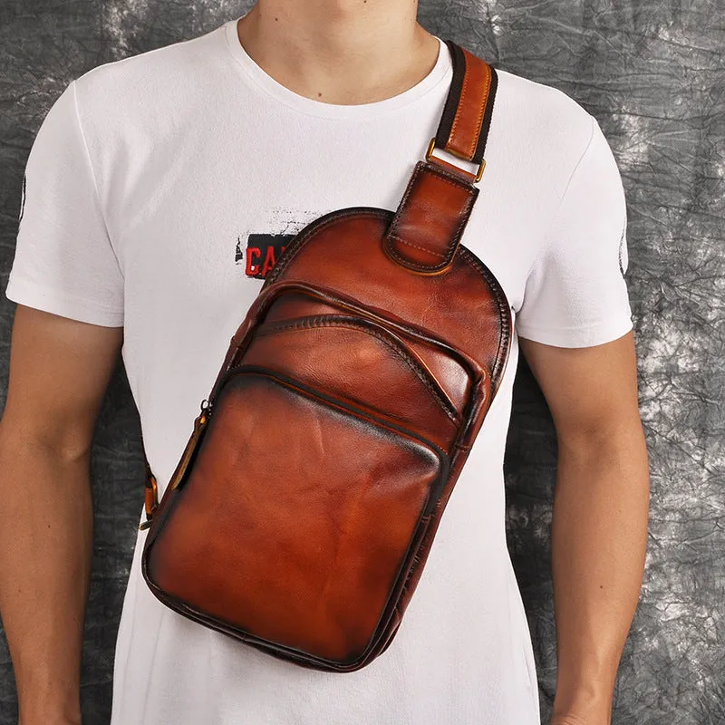 Blue Leather Chest Bag For Men Cool Leather Sling Bag Mens Sling Crossbody Backpack