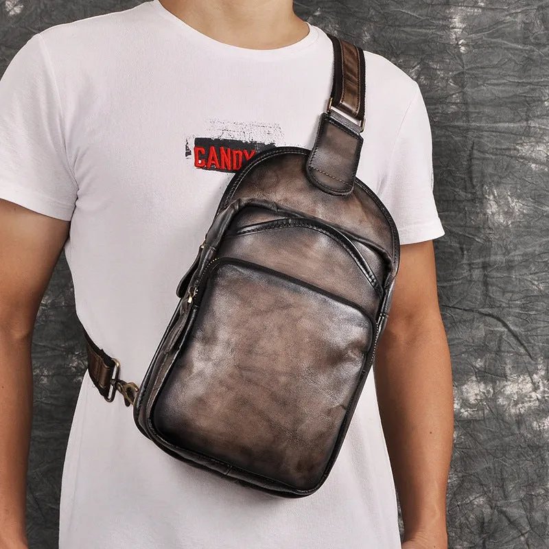 Blue Leather Chest Bag For Men Cool Leather Sling Bag Mens Sling Crossbody Backpack