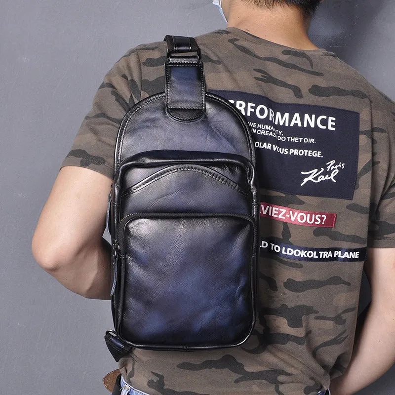 Blue Leather Chest Bag For Men Cool Leather Sling Bag Mens Sling Crossbody Backpack