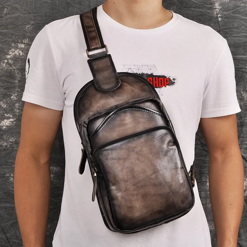Blue Leather Chest Bag For Men Cool Leather Sling Bag Mens Sling Crossbody Backpack