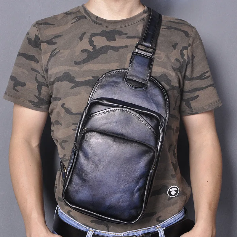 Blue Leather Chest Bag For Men Cool Leather Sling Bag Mens Sling Crossbody Backpack