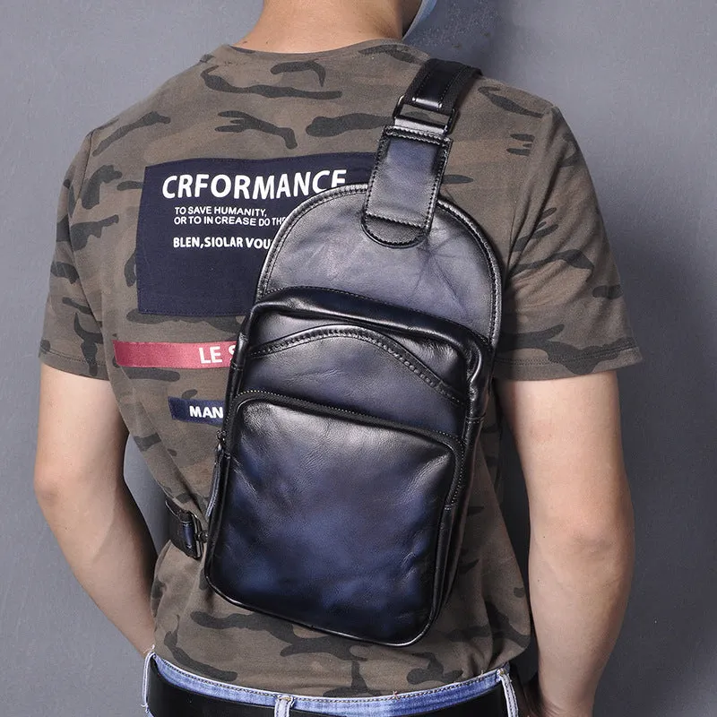 Blue Leather Chest Bag For Men Cool Leather Sling Bag Mens Sling Crossbody Backpack