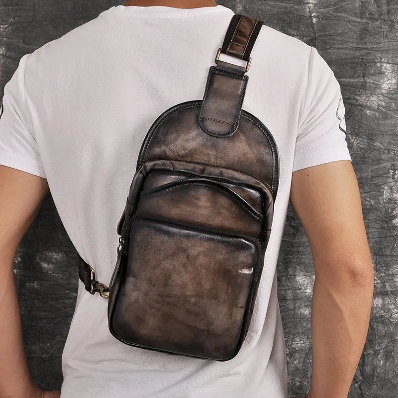 Blue Leather Chest Bag For Men Cool Leather Sling Bag Mens Sling Crossbody Backpack