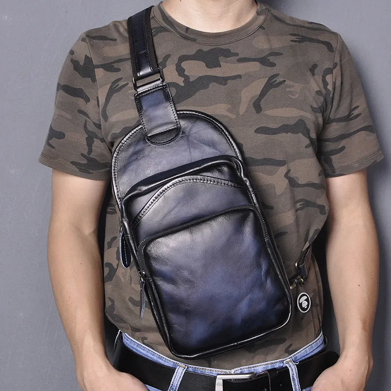 Blue Leather Chest Bag For Men Cool Leather Sling Bag Mens Sling Crossbody Backpack