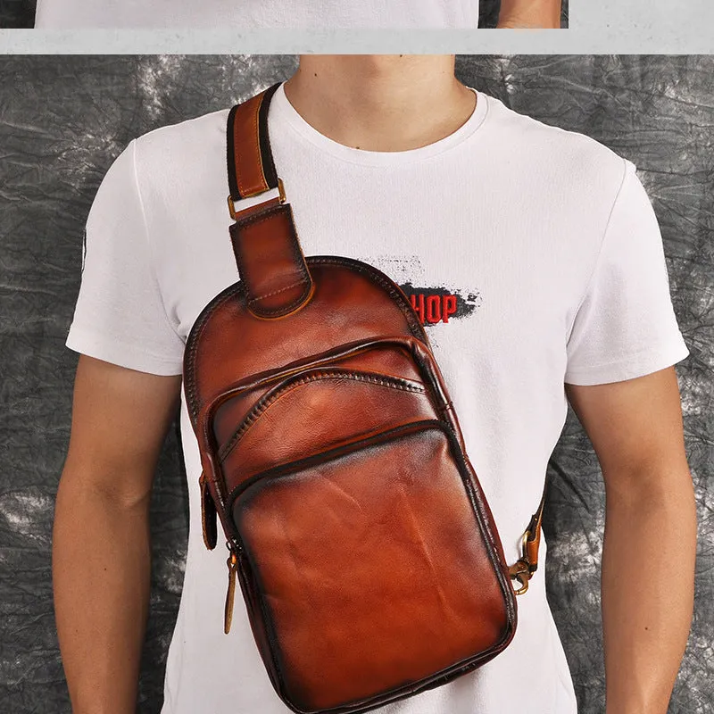 Blue Leather Chest Bag For Men Cool Leather Sling Bag Mens Sling Crossbody Backpack