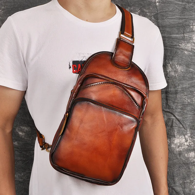 Blue Leather Chest Bag For Men Cool Leather Sling Bag Mens Sling Crossbody Backpack